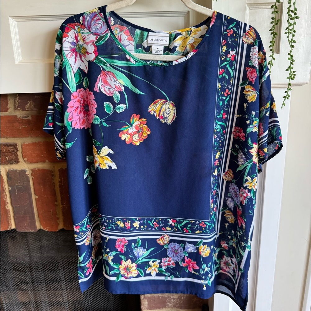 Liz Claiborne Blue and Pink Boxy Graphic Blouse